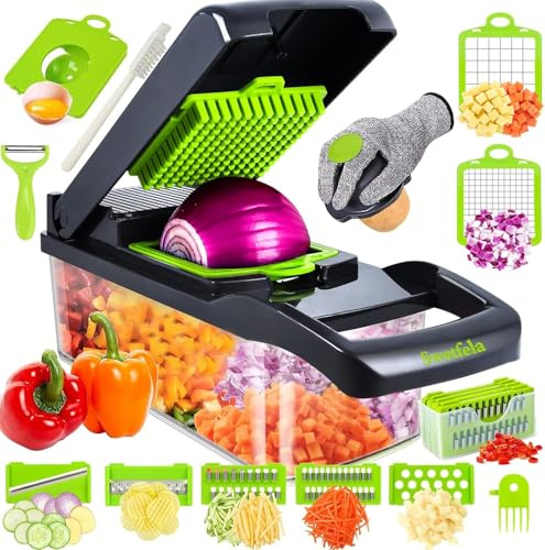 Swetfela Vegetable Chopper, 18-in-1 Mandoline Slicer – Multifunction Food Cutter with 7 Interchangeable Blades, Safety Glove, Peeler & Cleaning Brush for Vegetables and Fruits