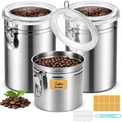 Prebarfun 3 Stk Kaffeedose Edelstahl 2L&1.1L, Kaffeedose Luftdicht 500g | Kaffeedose für Gemahlenen Kaffee, Kaffeebohnen Behälter, Kaffee Dose Vorratsdose für Bohnen, Nüssen, Tee, mit Spülbürste