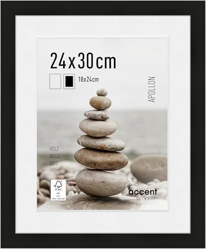 accent by nielsen Bilderrahmen mit Passepartout, 24 x 30 cm, Holz, Schwarz, Rahmen zum Aufhängen im Hoch- & Querformat, Echtglas, Apollon