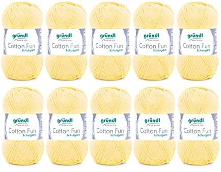 Gründl Wolle Cotton Fun - Wolle zum Häkeln - Strickgarn - Häkelgarn - Pflegeleicht und hautfreundlich - 100 % Baumwolle - 10 Knäuel 50 g / 115 m - Nadelstärke 3 - 4 - Pastellgelb