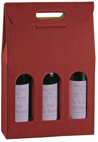 5 scatole per 3 bottiglie vino verticali modello bordolese, borgognotta robuste strenne natalizie cartone accoppiato e maniglia esterna cm.27x9x38,5h bordeaux