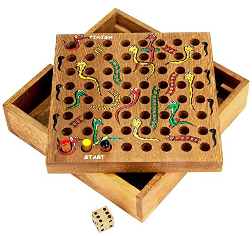 Logica Puzzles Art. Snakes and Ladders - Wooden Board Game - Teak Wooden Box - Travel Version