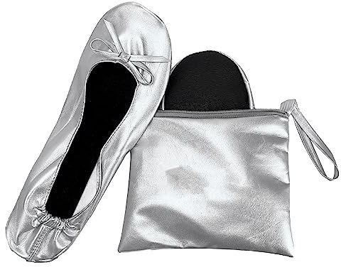 Damen Frauen Ballerina Rolle bis Faltbare Schuhe Flache Schuhe hochklappen Pumps schwarz Faltbar mit Tragetasche Ballett (Silber, EU Schuhgrößensystem, Erwachsene, Damen, Numerisch, M, 39)