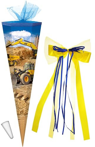alles-meine.de GmbH Schultüte - Baufahrzeuge - Bagger - Kran & Baustelle - 85 cm - eckig - incl. große 3-D Effekt Schleife - Tüllabschluß - Zuckertüte - mit/ohne Kunststo..