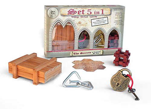 Logica Spiele Art. Set 5 Denkspiele in 1-2 Geduldspiele aus Holz + 2 Metallpuzzle + 1 Mathematische Spiele - Knobelspiel Set - Gemischte Schwierigkeiten - Leonardo da Vinci Kollektion