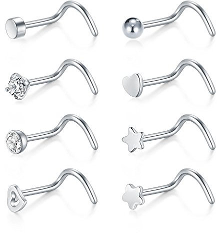 Incaton 20 Gauge 8stk Nasenstecker Spirale Stecker Nasenpiercing Nasenring Chirurgenstahl Nostril Piercing Schmuck Set (D Stil/Silber-8stk)
