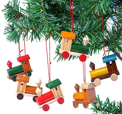BRUBAKER 6-teiliges Set Eisenbahn Holzanhänger - Baumschmuck Lokomotiven - Weihnachtsanhänger Christbaumschmuck aus Holz