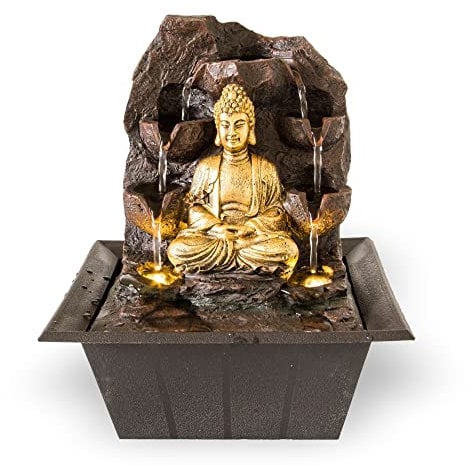Zimmerbrunnen Goldener Buddha mit LED-Beleuchtung | Tischbrunnen mit Wasserfall | dekorativer Zierbrunnen in Felsenoptik | Zen Wohlfühlbrunnen für Zuhause