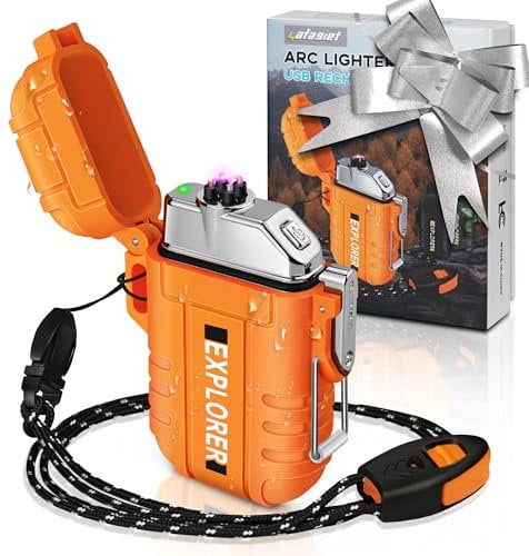 lafagiet USB Rechargeable Lighter, Waterproof Dual Arc Lighters for Camping Hiking Outdoor Survival Kits (Upgrade-Orange)