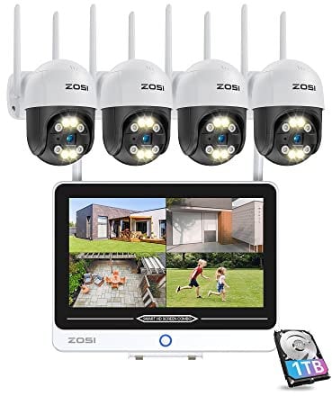 ZOSI 3MP Außen WLAN Überwachungskamera Set mit 12.5 Zoll Monitor 4X 3MP PT WiFi Kamera und 1TB Festplatte für Haussicherheit, 2 Wege Audio