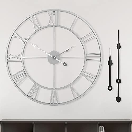 Grande orologio da parete rotondo vintage in metallo, silenzioso, senza ticchettio, a batteria, 60 cm, con numeri romani neri, decorazione per soggiorno, camera da letto, cucina
