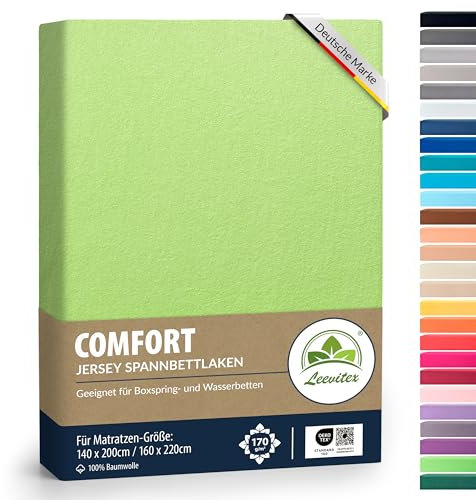 leevitex® Premium Spannbettlaken 140x200-160x220 cm - 40 cm Steg - auch für Boxspringbett & Wasserbett | 100% Mako-Jersey-Baumwolle | ÖKO-TEX | 170g/m² | Apfelgrün/Hellgrün