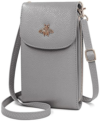 HNOOM Sac Téléphone Portable Femme Portefeuille en Cuir Véritable Petit Sac à Bandoulière Sac à Main Portefeuille avec 7 Porte Carte, Pochette Portefeuille Telephone avec Bandoulière Réglable (Gris)