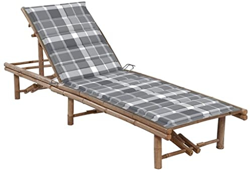 SKTQYQO Sonnenliege aus Bambus mit grauem kariertem Kissen, Rückenlehne verstellbar in 3 Positionen, bequem und robust zum Entspannen im Freien, Terrassenhängematte, Loungesitz