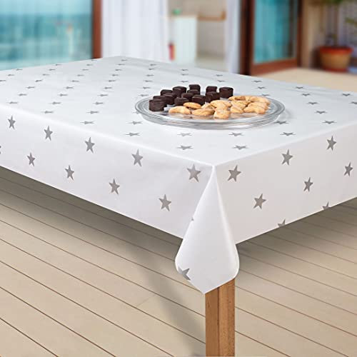 laro Wachstuch-Tischdecke Abwaschbar Garten-Tischdecke Wachstischdecke PVC Plastik-Tischdecken Eckig Meterware Wasserabweisend Abwischbar, Muster:Sterne Weiss-Silber, Größe:90x120 cm