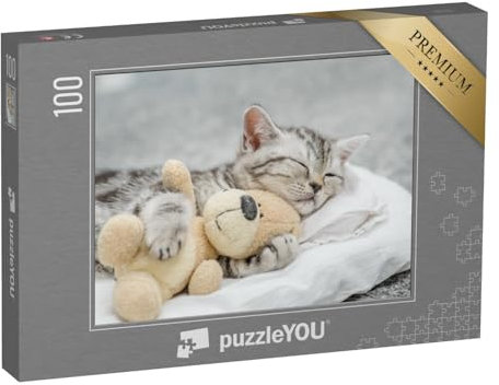 puzzleYOU: Puzzle 100 Teile „Niedliches Kätzchen schmust mit einem Teddy“ – aus der Puzzle-Kollektion Tiere, Amerika, Katzen-Puzzles