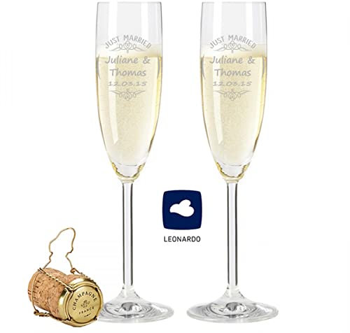 Leonardo Sektgläser mit Gravur von Namen & Datum im - Just Married Design - als Geschenk zur Hochzeit, Verlobung oder zum Jahrestag - das perfekte Hochzeitsgeschenk Farbe im Set