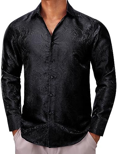 Barry.Wang Chemise en soie pour homme - Motif cachemire floral - Coupe droite - Pour fête de mariage - Robe formelle décontractée, Imprimé cachemire - Noir, S