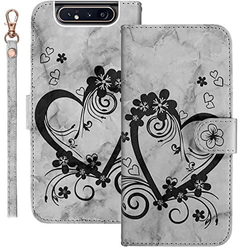 Bartern Handyhülle für Samsung Galaxy A80 Klappbar,Herz(Liebe)+ Blumen Samsung A80 Hülle,PU Leder Wallet Schutzhülle Tasche Klapphülle mit Kartenfach Magnetverschluss Standfunktion,Schwarz