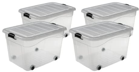 Logiplast 4 Stück Aufbewahrungsbox transparent 100 Liter mit Deckel und Klickverschluss 690 x 515 x 420 mm inkl. Rollen