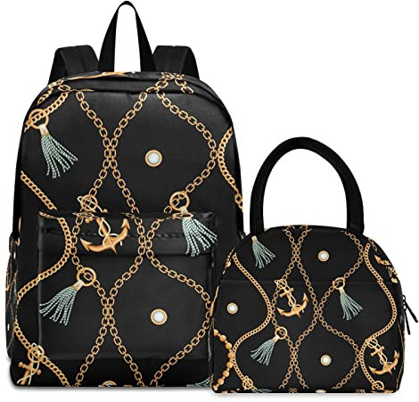KAAVIYO Goldene Kette Kunst Büchertasche Lunchpaket Set Schulter Rucksacks Bookbag Kinderrucksack Isolierte Lunchbox-Tasche für Mädchen Jungs