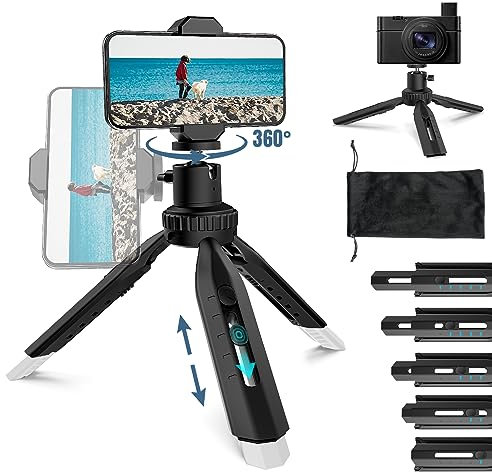 RealPlus Treppiede Smartphone, Cavalletto Stabilizzatore, Mini Tripod Fotocamera, 360° Rotabile, Retrattile, Super Stabile