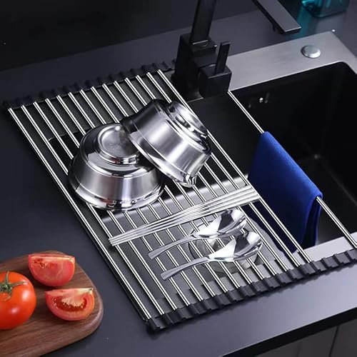 JIOUHM Aufrollbares Geschirrtrockner Gestell Abtropfgitter Abtropfauflage Abtropfmatte, Multifunktionaler Spülen-Abtropfer für die Küchenspüle Spülbecken Organizer Utensilien-Halter (17''x13.7'')