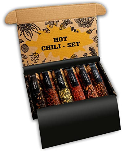 Hot Chili-Set, Geschenkset mit bis zu 800.000 Scoville für Hobbyköche, 6x Chili von mild bis scharf inkl. Rezept-Idee
