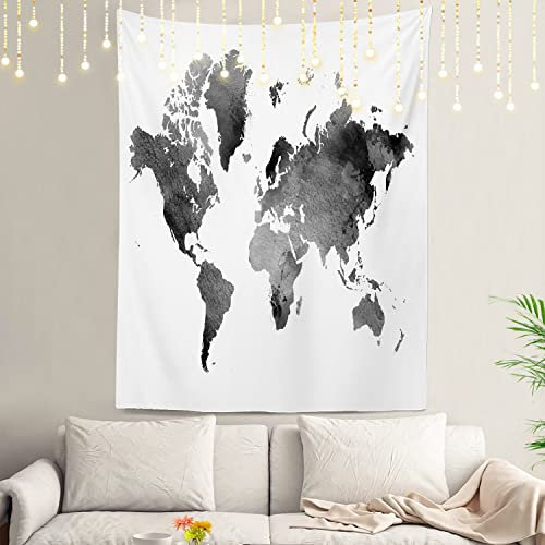 Shrahala Grau und Schwarz Weltkarte Wandteppich, Geographie Schwarz und Weiß Karte Wandbehang Großer Wandteppich Dekoration Polyesterfaser Weißer Saum rund für Schlafsaal 150,1 x 100,1 cm