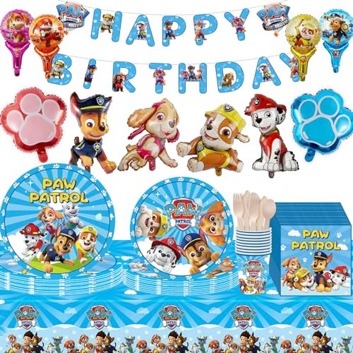 82PCS Wiederverwendbar Pappteller Kindergeburtstag Pow Dog Geburtstag Deko, Geburtstag Geschirr Set, Wiederverwendbar Becher Servietten Tischdecke Geschirr Set Partygeschirr Geburtstag