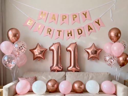11. Geburtstag Dekorationen Roségold für Mädchen, Happy Birthday Banner Roségold Nummer 11 Geburtstags Luftballon Stern Folieballon Konfetti Ballons für 11 Jahr Geburtstags Deko Mädchen(11.)
