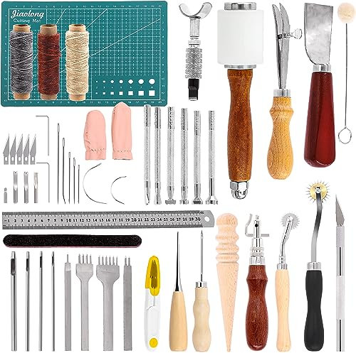 Swpeet 58Pcs Leather Tooling Kit, Essential Leder arbeiten Werkzeuge und Zubehör, einschließlich Leder Locher, flache Meißel, Ahlen, Tracing Räder, multifunktionale Groover, Swivel Messer, Rand