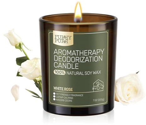 FURRYPURR Candela Eliminatore di Odori, Rosa Bianca Candela Profumata, Candele di Soia per Animali Domestici, 60 Ore, 200g