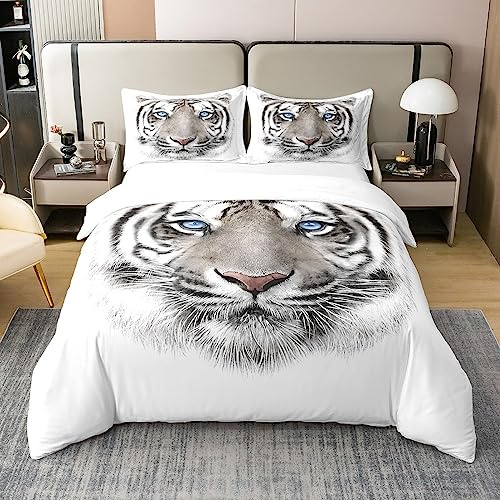 Homewish Jungen Tiger Bettwäsche Set 155x220 Baumwolle Wild Animal Print | Bettbezug Jungen Mädchen Schlafzimmer Grau Tiger Haut Bezug Schwarz Weiß Streifen Quilt Cover Schlafzimmer