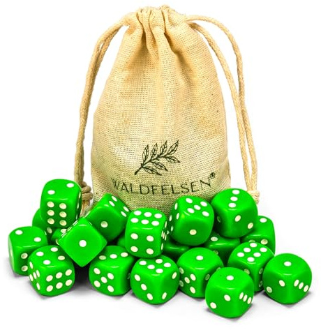 Waldfelsen 6, 12, 20, 30 oder 50 hochqualitative Würfel Standardgröße 16 mm Acrylwürfel Knobel Spielwürfel Dice 6-seitig sechsseitig Spielzubehör Set mit Stoffbeutel (Grasgrün, 20 Stück)