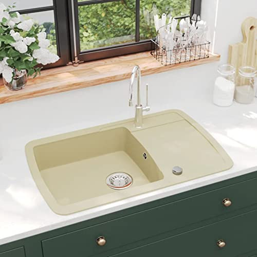 JUNZAI Évier de Cuisine Granit Seul lavabo Beige,Vasque À Poser Salle De Bain,Lavabo Salle De Bain