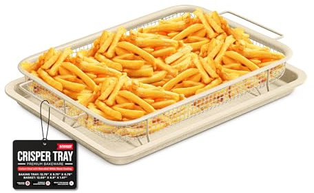 Bakken- Swiss Crisper Tray - 2-Piece Set – White Marble, Non-Stick Basket Design for Healthier Cooking in Regular Ovens - Achieve Perfectly Crispy Chips, Bacon and More