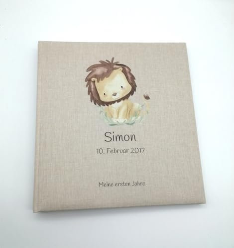 Tenii® Fotoalbum personalisiert Baby, Kind Löwe Leinen, Erinnerungsalbum (25x25cm - 60 Seiten)