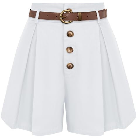 Belle Poque Damen Weiße Shorts mit Gürtel Lose Freizeit Baumwollshorts Hohe Taille Bequeme Tägliche Hosen XL