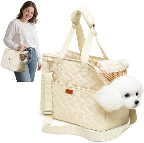 ALLSOPETS Katzentrage, Weiche Hundetransportbox für Kleine Hunde, Tragbare Transportbox für Hunde, Reisezubehör, Zubehör für Welpenhandtasche mit Verstellbarer Sicherheitsleine (Cremeweiß, S)