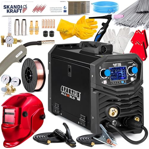 Spartus EasyMIG 215 - 200A Soldador inverter multifuncional, Sinergia completa – Soldadura: MMA, TIG, Flux - Con pantalla LCD, soldadura con estaño e inductividad - Set Professional