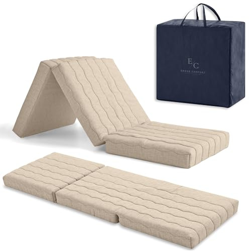 ErossConfort Klappmatratzen, 65 x 195 cm, HD-Schaum + 2 cm viskoelastisch, Bodenmatratze für Kinderspiele, Gäste, Camping, faltbar und sehr vielseitig, Höhe 12 cm, Beige