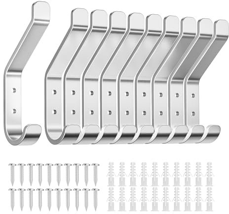 susswiff 10-Stück Garderobenhaken, Kleiderhaken zum Schrauben, Haken für Akustikpaneele, Schlafzimmer, Wohnzimmer, Badezimmer, Wandhaken für Garderobe, Jacken, Hut, Metall, Silber, 10CM