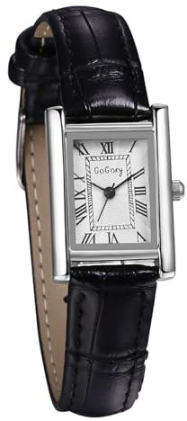JewelryWe Uhren Damen Leder Rechteckig: Vintage Analog Quarz Armbanduhr Frauen Schwarz Leder Armband Uhr Kleine Damenuhr mit Silber Rechteck Römischen Zahlen Zifferblatt