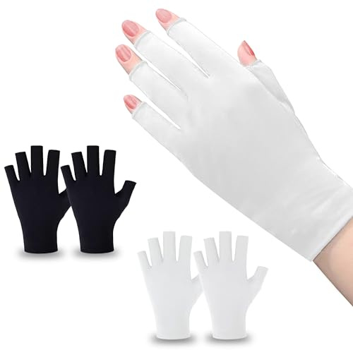 CGBOOM 2 Pair UV Gloves for Gel Nail Lamp, Professional UPF50+ UV Protection Gloves for Manicures, Anti UV Fingerless Gloves for Nail Art Skin Care Protecting Hands from UV Light Harm (White&Black)
