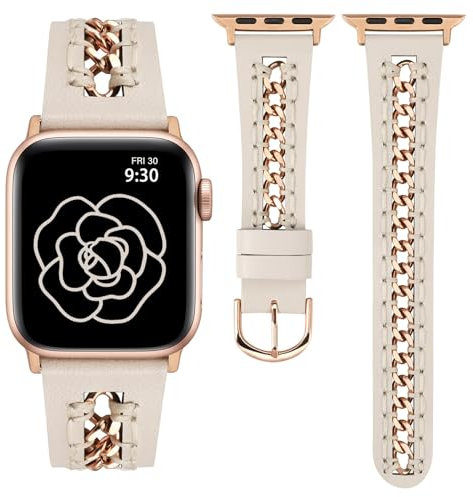 TOYOUTHS Lederarmbänder kompatibel mit Apple Watch Armband 41/40/38/42mm Damen, Elegant Dressy Leder Armbänder mit Ausgehöhltes Kettenarmband für iWatch 10/9/8/7/6/5/4/3/2/1/SE, Polarstern/Rose Gold