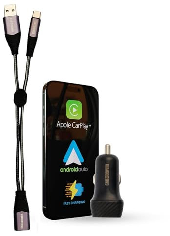 Car and Driver Intellidash Car Charger Kit, Dual USB-C and USB-A Cable and 12V Adapter, Fast-Charging Terminal, Compatible with Apple CarPlay and Android Auto