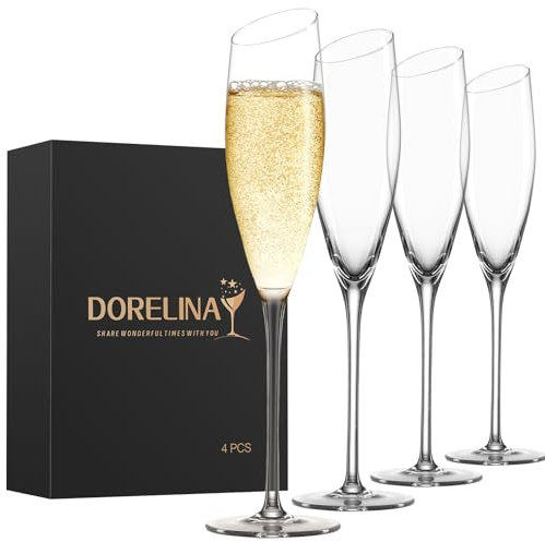 DORELINA Champagne Flutes, Slanted Champagne Glasses Set of 4,Hand Blown Crystal Wedding Champagne Flutes, Perfect for Christmas,Birthday, Anniversary, 6.7 Oz, Clear (4 Pcs)