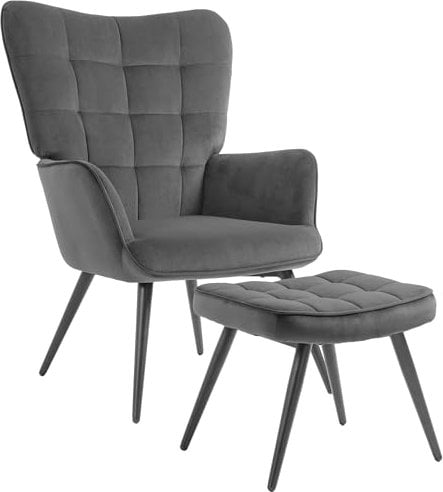HOMCOM Fauteuil Relax avec Repose-Pieds Assorti Fauteuil de Salon Style scandinave piètement métal Noir revêtement Aspect Velours - dim. 73L x 77,5l x 98H cm Gris