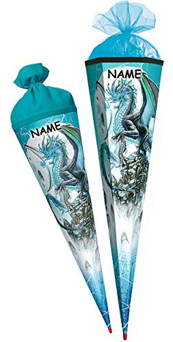 Schultüte - Drache/Eisdrache - 35-100 cm - Größe wählbar rund - incl. Name - Tüllabschluß - Zuckertüte - mit/ohne Kunststoff Spitze - Roth - Jungen Jung..
